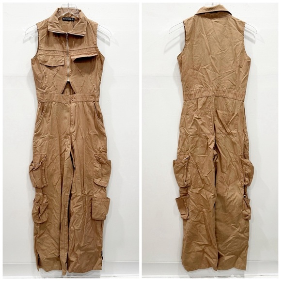 PrettyLittleThing Pants - PrettyLittleThings High Neck Binding Detail Cut Out Cargo Jumpsuit Tan Size 2